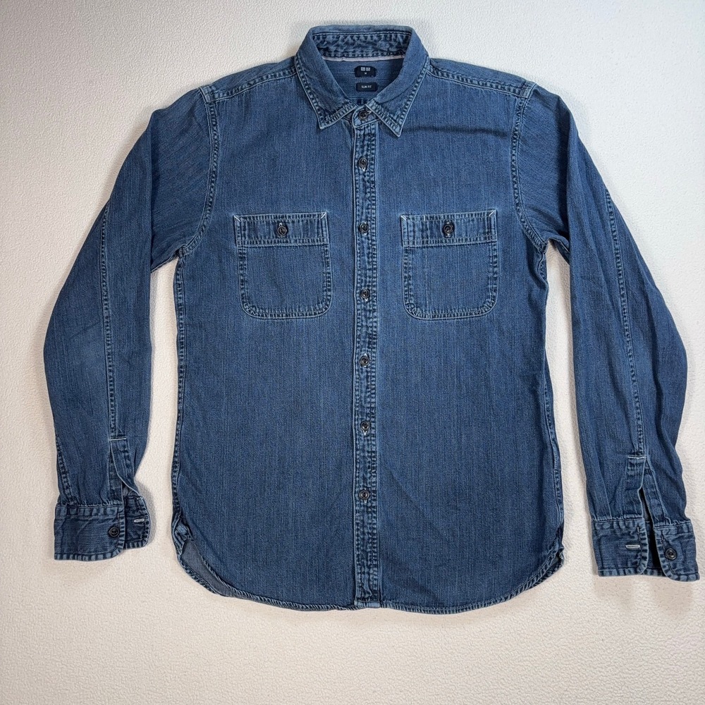 Uniqlo Denim Shirt Men's M Blue Slim Fit Cotton Pockets‎ Work Button Up 411846